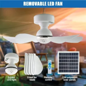 Solar powered Ceiling Fan Light Outdoor Camping Portable Rechargeable High wind Remote Control Dual Color IP20 Rated