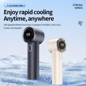 T 233 Portable Turbo USB Charging Rechargeable High Speed Mini Fan with Digital Display 199 Gears Portable Cooling Mini Fan