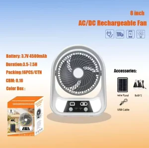 TK & AMZ 6 8 Inch Portable Table Fan with LED Light AC DC Solar Charging 110V 220V Rechargeable for Home Outdoor Use