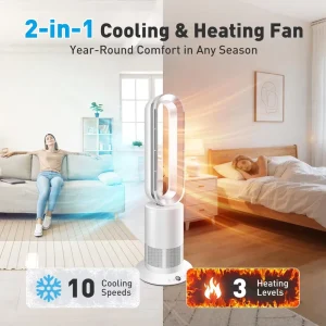 TP09Plus Bladeless Tower Fan 2-in-1 Cooling Heating Remote Touch Control 10 Cooling + 3 Heating Modes Ultra-Quiet DC Motor