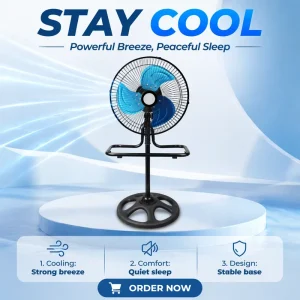 Three-in-One Air Cooling Electric Pedestal Fan with Vertical Shaking Head 12-Inch Metal Floor Fan for Household Use