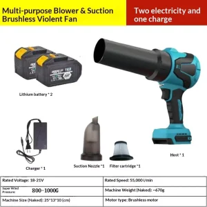 Tongdao Brushless Lithium Battery Powered High Pressure Fan Powerful Blower Turbo Duct Blower Suction Dust Removal Water Blowing