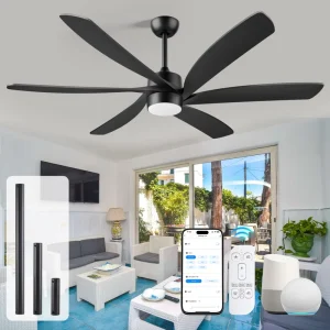 Top Pick 64 Waterproof Outdoor Black Fan 6 Blade Tuya WiFi Alexa Remote Control 100% Copper Motor Smart LED Ceiling Fan