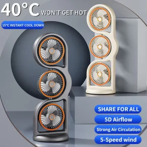 Triple Head Wearable Desk Fan USB Rechargeable 5 Speeds Quiet Oscillating Portable Desktop Fan for Car Office & Home