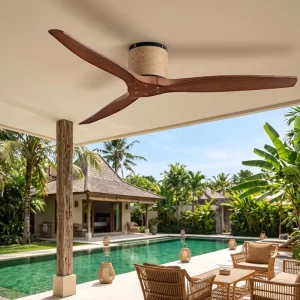 Tropical Resort Style Ceiling Fan No Light 3 Solid Wood Blades Hemp Rope Decoration Silent DC Motor Flush Mount Fan
