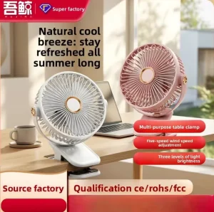 USB Clip Fan With LED Night Light Portable High Wind Circulation Fan Quiet Plastic Mini Desktop Cooling Fan for Home Dorm Office
