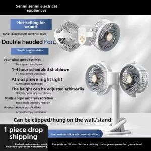 USB Desktop Clip Fan with Light Timer Double Head Circulating Wearable Features Wall Mounted for Dormitory or Car Use