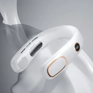 USB Electric Powered Rechargeable Bladeless Wearable Foldable Neck Fan Three Wind Speed Options Digital Display Household Use