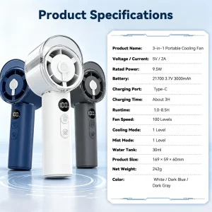 USB Plastic Portable Fan with Mist Spray and Cooling Plate 100 Speed Handheld Fan for Office Outdoor Car Household Use