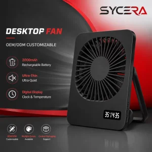 USB Rechargeable Mini Desk Fan Ultra Thin Portable Table Fan 2000mAh Battery Digital Clock Temperature Display OEM ODM Factory