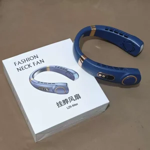 USB Rechargeable Silent Leafless Adjustable Neck Cooling Fan with Digital Display and Colorful Light