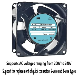 USTF80382303T 230V AC 10/8W 80x80x38mm Plastic Axial-Flow Cooling Fan with Oil Bearing and Iron Frame