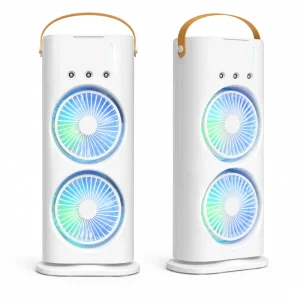 Upgraded Spray Cooling Mini Air Conditioner Fan Low Noise Dual Blade Desktop Misting Fan with Colorful Light