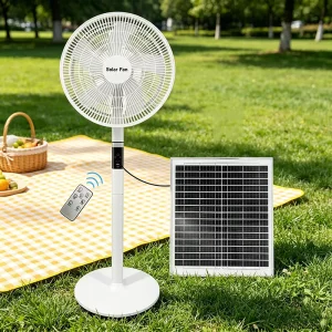 Ventilador De Pie Solar Recargable De 16 Pulgadas 6 Velocidades Silencioso Con Control Remoto Luz LED Puerto USB