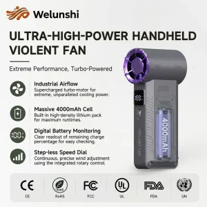 WLS-1533 High Speed Personal Handheld Fan with Smart LCD Screen Portable Turbo Jet Fan for Instant Cooling for Sports