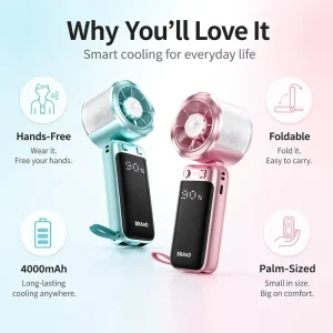 Wearable Foldable Handheld Misting Fan with Digital Display and Portable Cooling