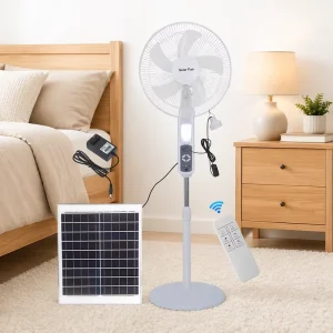 White 4 Speed 25W 16 Inch Rechargeable Solar Standing Fan with Light and Solar Panel