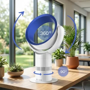 White DC Brushless Motor Remote Bladeless Electric Stand Table Fan with Digital Control Plastic Energy Class a 1-9hrs Timer