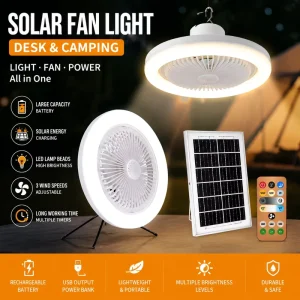 Wholesales Solar Rechargeable LED Fan Light Remote Control Portable Outdoor Camping Fan Lamp Stand 3 Speeds Modes Desk Tent