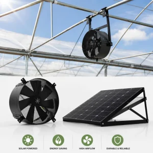 Workshop Greenhouse Warehouse Exhaust Solar Wall Fan 40W 14″ IP68 BLDC Motor 7 Nylon Blades Galv Steel Casing Customizable